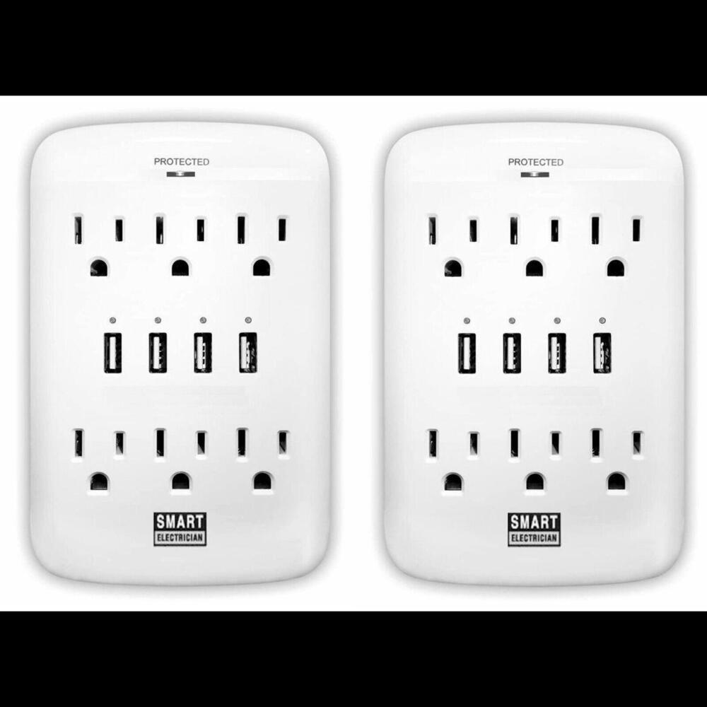 2 Pack - 6-Outlet Wall Tap with 4-USB Ports and Surge Protector - White
